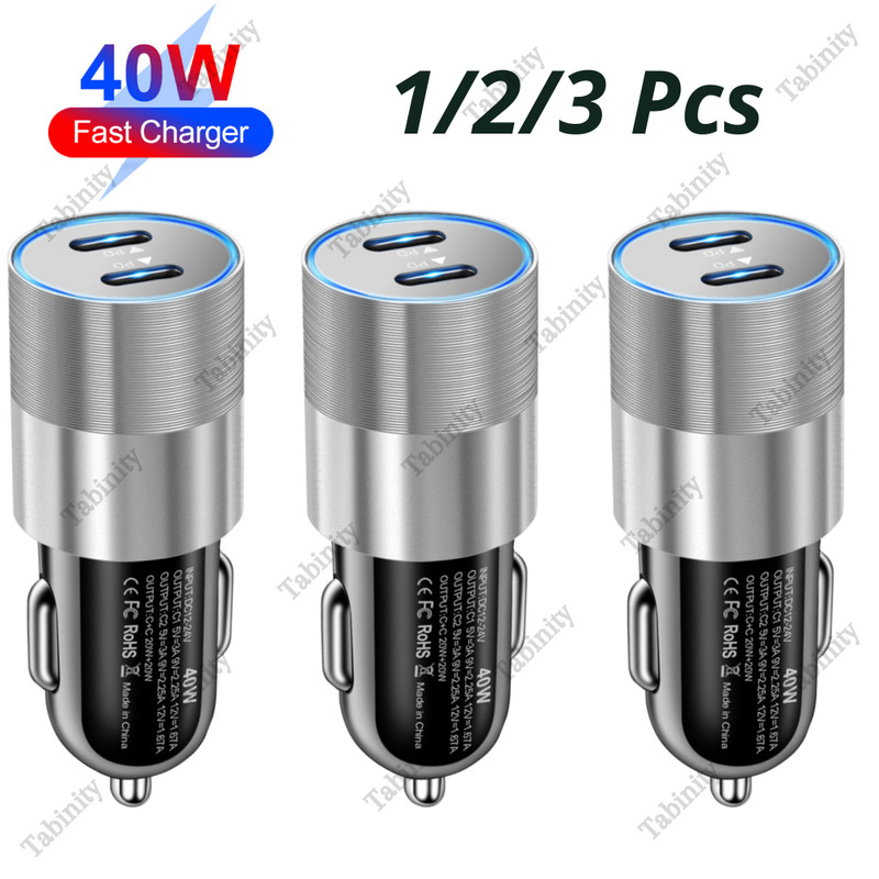 Car Charger 40W Dual PD USB-C Fast Adapter For iPhone 15 14 13 12 X iPad Android