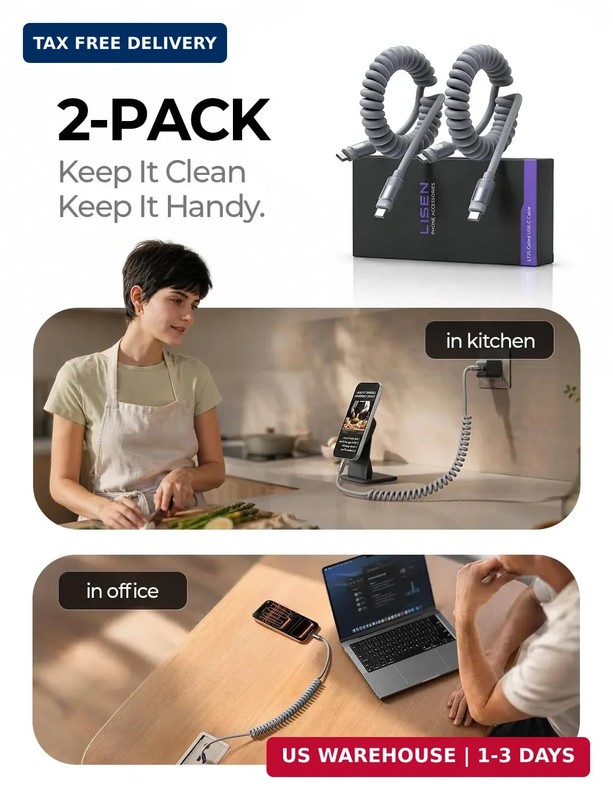 LISEN Coiled USB C Cable, Short Neat 2 Pack 60W C to C Cable Fast Charging for C gallery