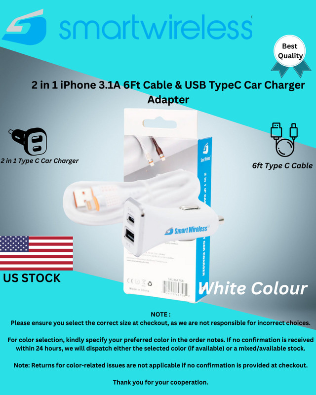 Pack of 12 2 in 1 iPhone 3.1A 6Ft Cable & USB TypeC Car Charger Adapter Lot gallery