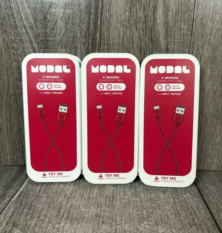 Lot Of 3 NEW Modal – 4FT USB-C to USB-A Charge & Sync Braided Cable – Red Lot