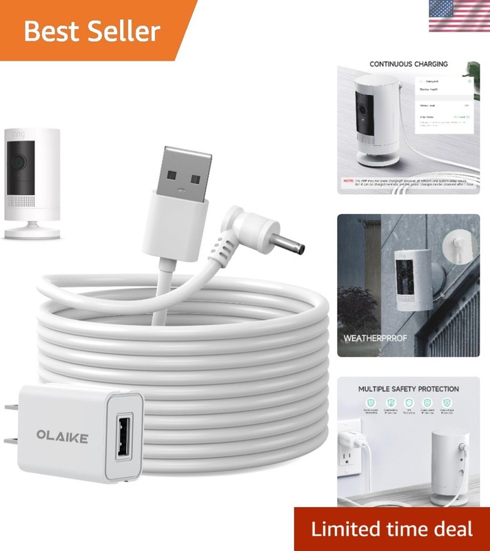 Extra Long 16ft Charging Cable with Short Circuit Protection for Ring Cameras