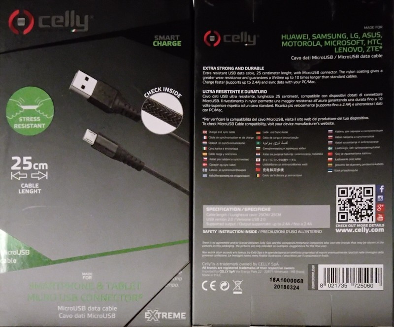 Celly – Cable with USB and MicroUSB Connector, 25 cm, Black