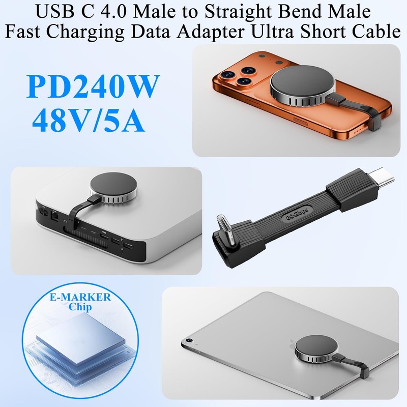 90 Angle USBC 4.0 Ultra Short Cable Male to Straight Fast Charging Data 2in gallery