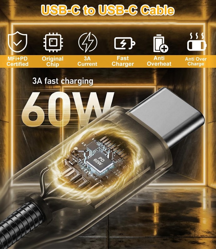 Chew Proof USB C Cable Metal Braided 6.6ft - 60W PD USBC Fast Charging Cable ... gallery