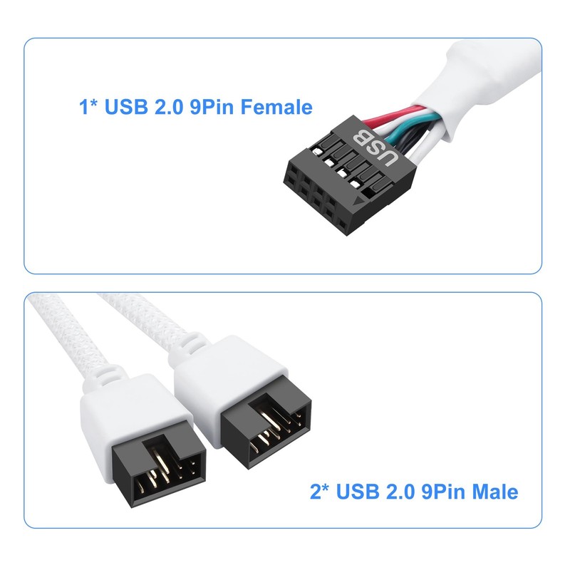 2 Pack Motherboard USB 2.0 9Pin Header Splitter Female to Dual Male White gallery