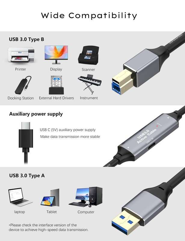 100FT USB 3.0 Printer Cable, USB A to B Cable, 5Gbps High-Speed with 4 Signal... gallery