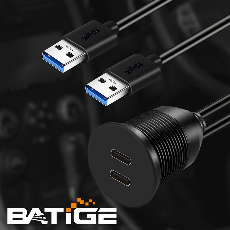 3ft Dual Port USB 3.0 Male to 2-Port Type C Female Car Flush Mount Cable gallery