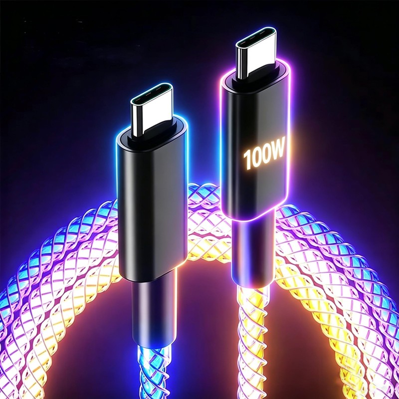 100W LED USB C to C Cable Light Up RGB 3.3FT Fast Charging Type-C Cord