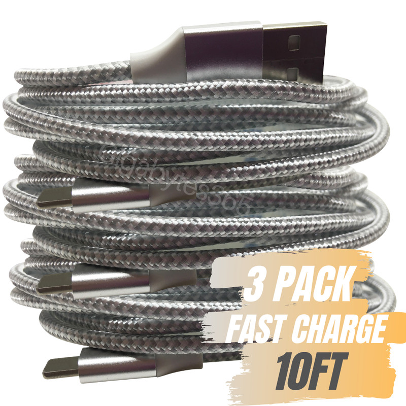 3Pack Braided 10ft USB Fast Charger Cable For iPhone 14 13 12 11 X Charging Cord