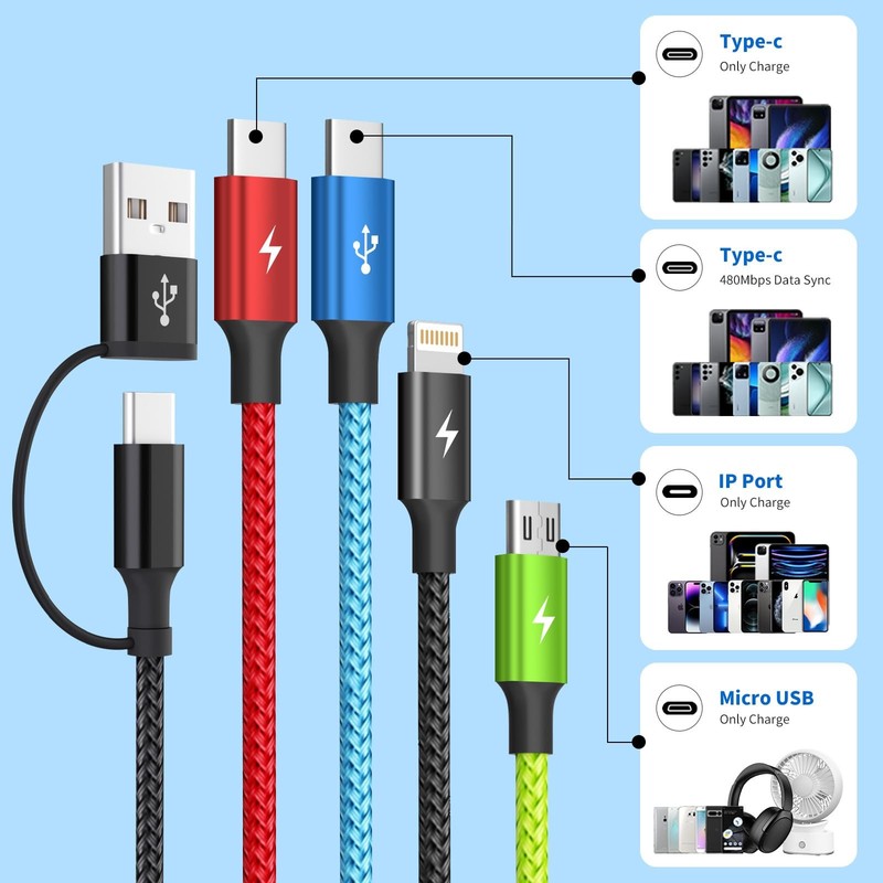 2 Pack 4 In 2 Multi USB Charging Cable Fast Charger Sync Cord Adapter Lead 5ft gallery