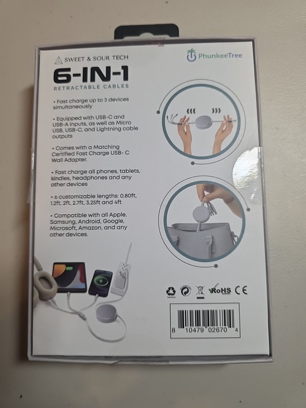 NEW WHITE 6-In-1 Retractable Cable SWEET SOUR TECH W/ FAST CHARGE ADAPTER gallery