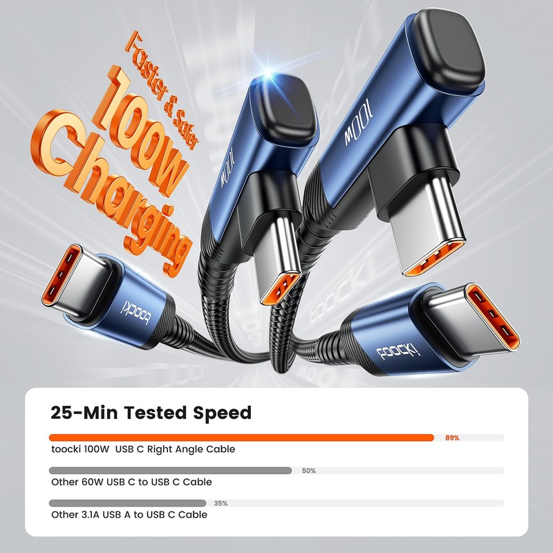 USB C Cable 10ft 2Pack, 100W Right Angle Fast Charging Cord, Blue gallery
