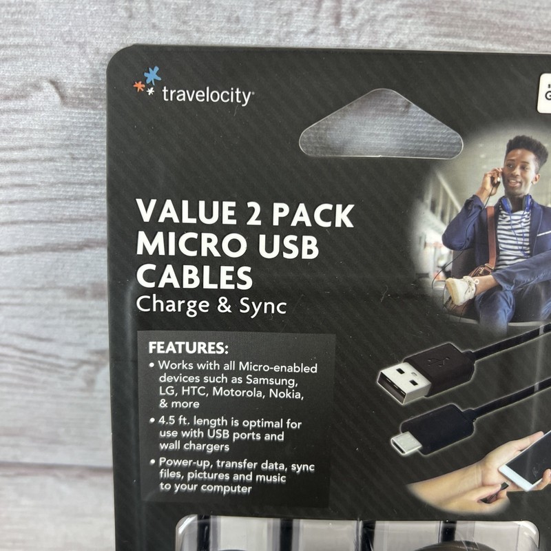 Travelocity 2 PACK Micro-USB Android Cable Charge & Sync 4.5 ft. Black New FRSHP gallery