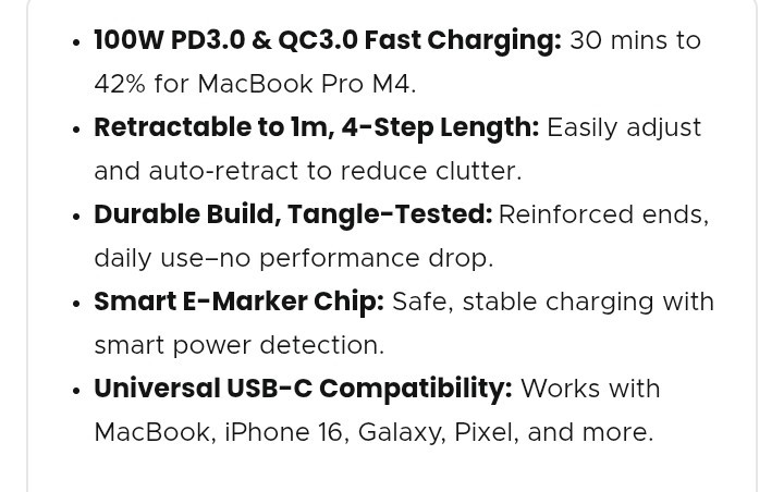 UGREEN 100 W Retractable USB‑C Cable – Fast PD Charge, 4‑Step, Tangle‑Free gallery
