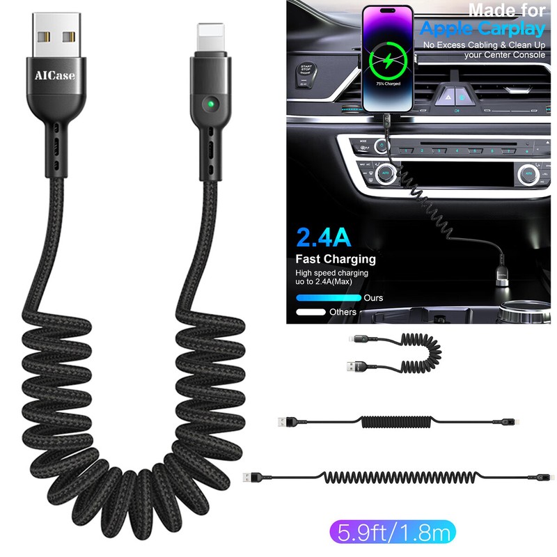 Phone Cable For iPhone 14 13 12 11 Pro Max XR iPad USB Charger Coiled Data Cord
