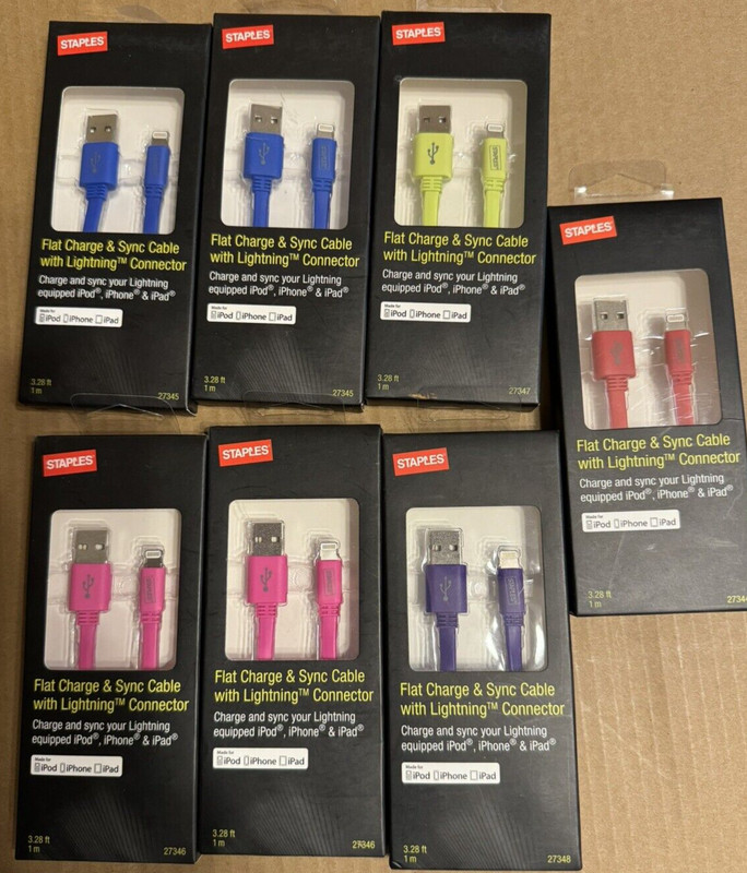 Lot of 7 NEW 3.28ft/1m USB Charging Apple Sync Cables Staples brand