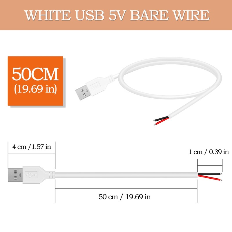24AWG USB 2.0 Male 2 Pin Bare Wire Pigtail Cable, 5V 2A USB Extension Cable O... gallery