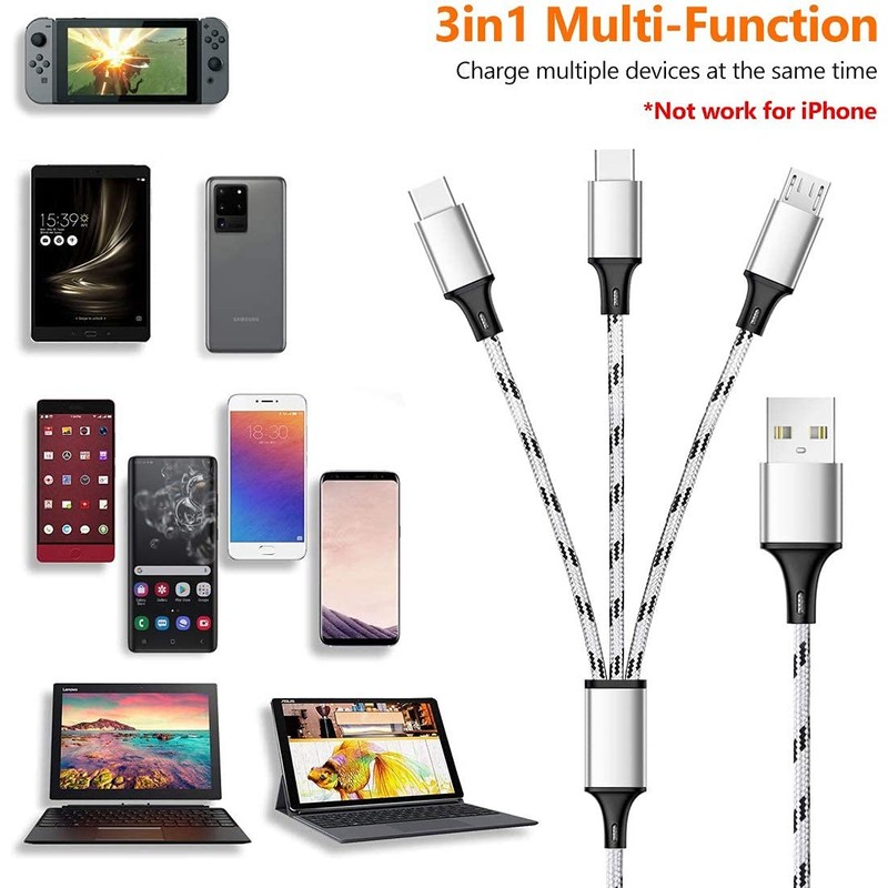 2 Pack 3in1 Multi Charger Cable 6FT Braided Universal Dual Type C Micro Cord gallery