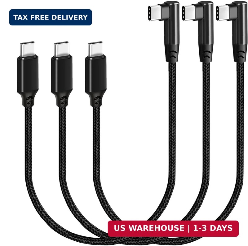 USB C to USB C Cable 1FT, 3 Packs, Right Angle 90 Degree, Short Cord | Type C PD