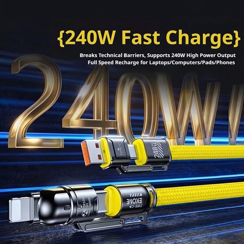 240W 4-in-1 Dual Type-C Fast Charging Cable for iPhone & Android Yellow A7 gallery
