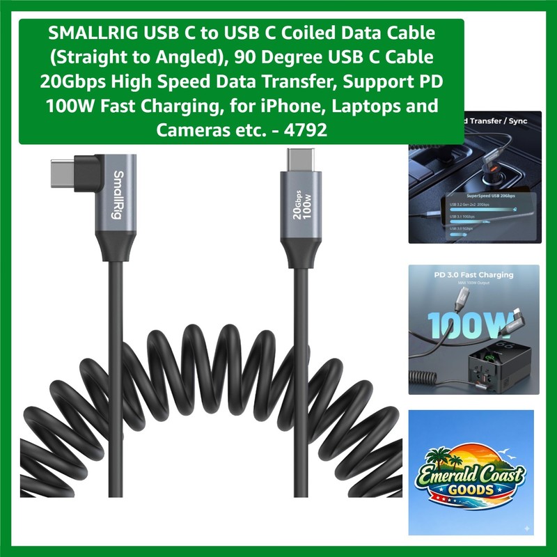 Portable 20Gbps USB C Coiled Cable – Quick Charge & Data Solution for Devices