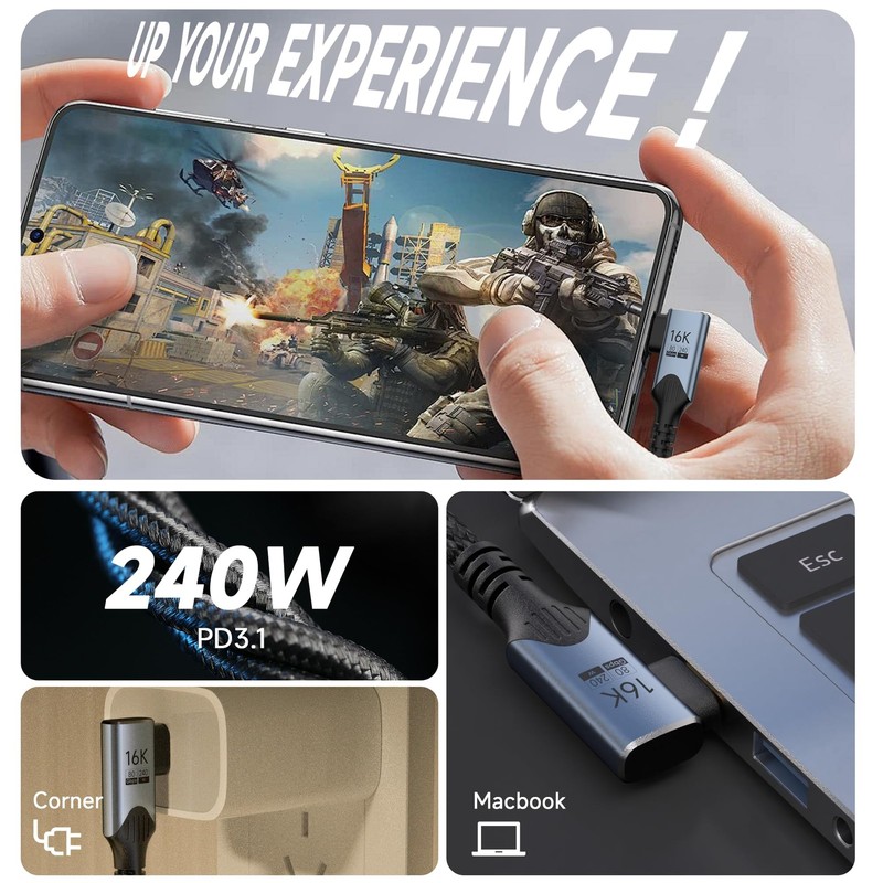 3.3 Ft Right Angle 80gbps USB C Data Cable Thunderbolt 5 240W 8K/16k 120HZ gallery