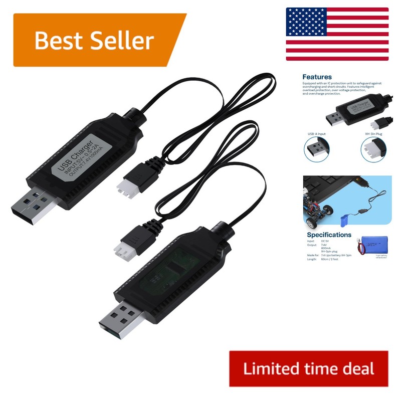 2 Pack USB Charger Cable for RC Drones & LiPo Batteries – 1A Adapter