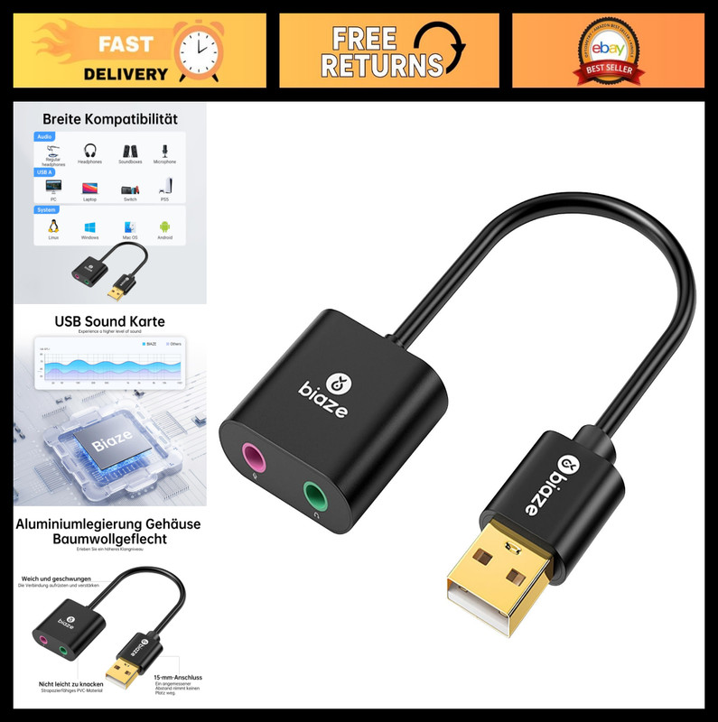 USB to 3.5mm Audio Adapter, External Sound Card for Headphones & Mic, PC/PS4/PS5