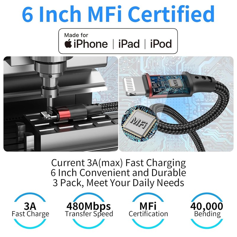 Bkduice 6 Inch USB C to Lightning Cable Short, 3 Pack MFi Certified Braided 0.5f gallery