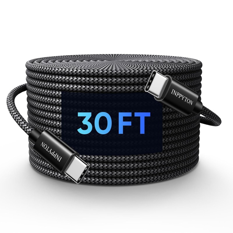 INPPYTON 30 Ft USB C to C Cable 60W, Extra Long Type C 30Ft, Black