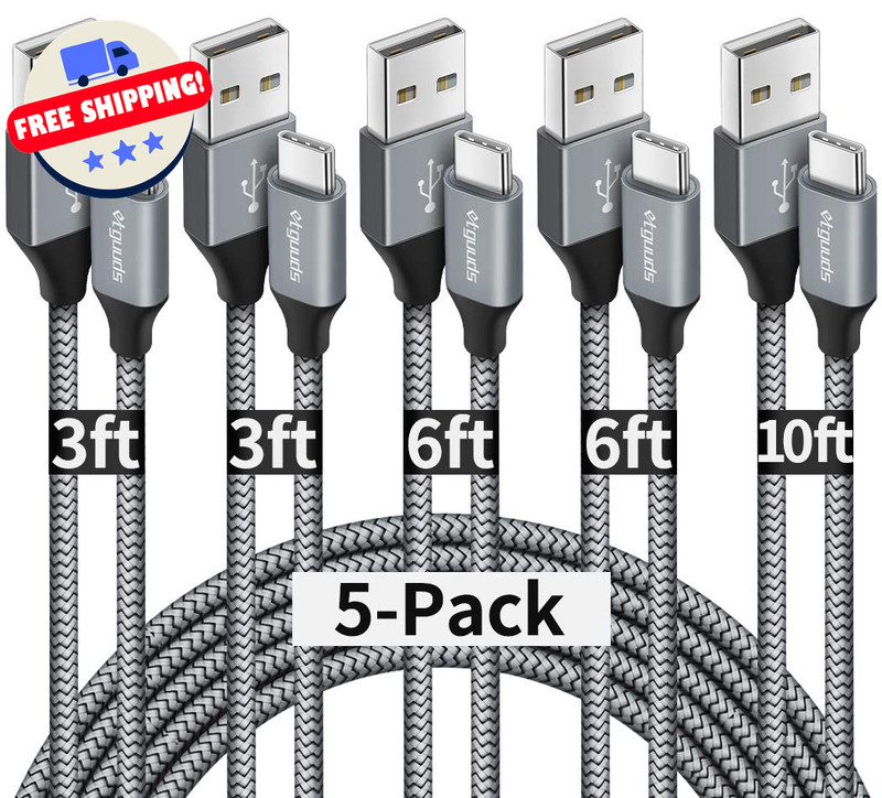 USB A to USB C Charging Cable 5-Pack 3/3/6/6/10 Feet Fast Charger Cord Android