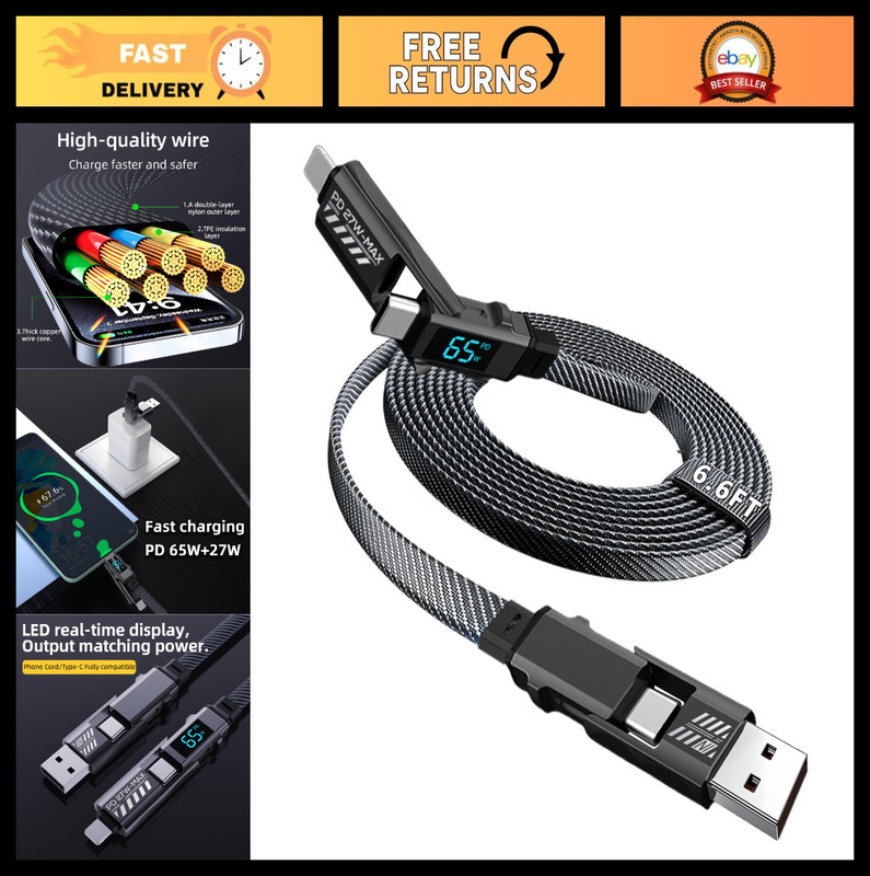 4-in-1 USB C Charging Cable 65W with Wattage Display, 6.6FT Nylon Braided Multi-