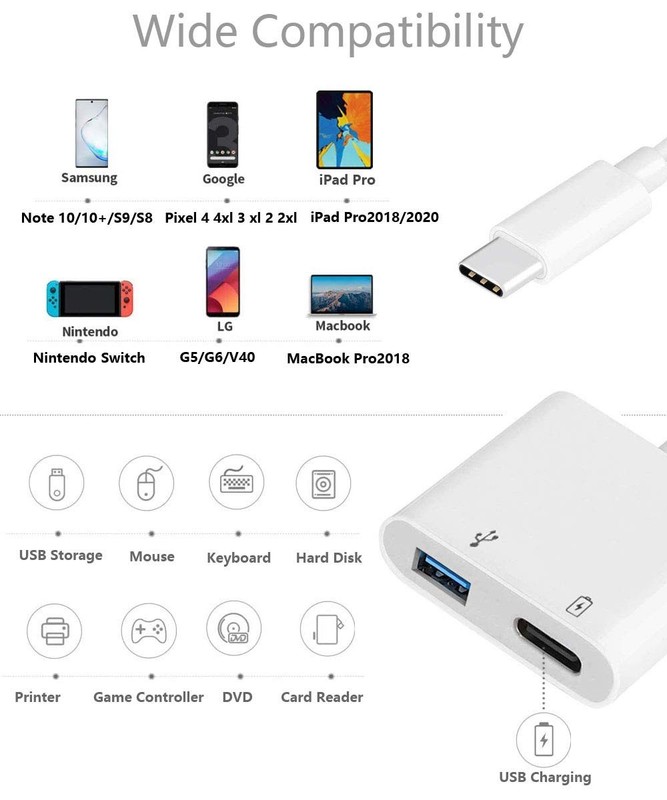 USB C OTG Adapter with Power, 2 in 1 C to Female PD 60W White gallery