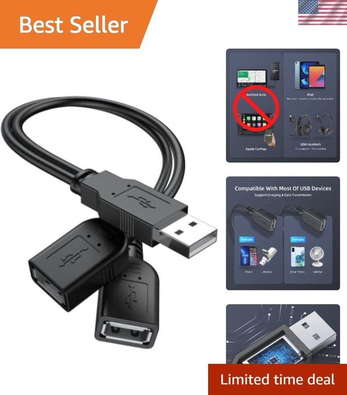 USB 2.0 A Male to Dual Female Splitter Hub Black 8.3In