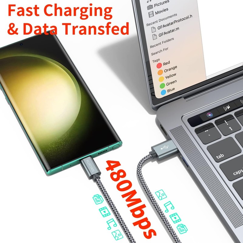 USB C Cable 2 Pack 3ft Nylon Braided Fast Charging Sync CarPlay Cord Gray gallery