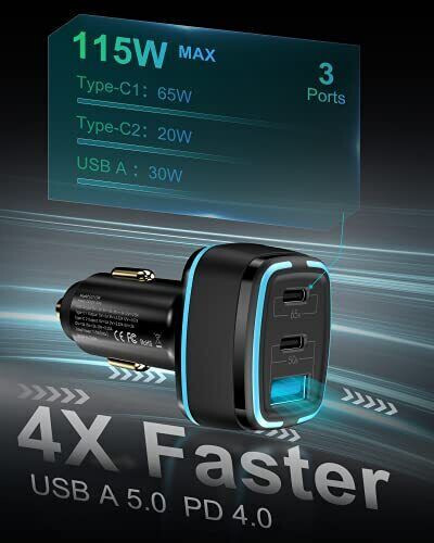 New KENREE 115W High Power 3 Ports (2 USB C 1 USB A) Fast Car Charger gallery