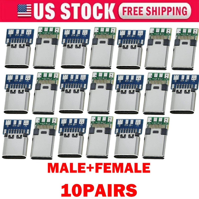 10Pair USB 3.1 TypeC Male+Female DIY Solder Plug PCB Connector Socket Repair USA