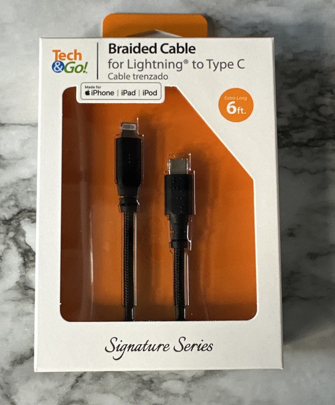 Tech & Go 6ft USB Braided Charge Cable for iPhone iPad L to Type C - NEW - Black