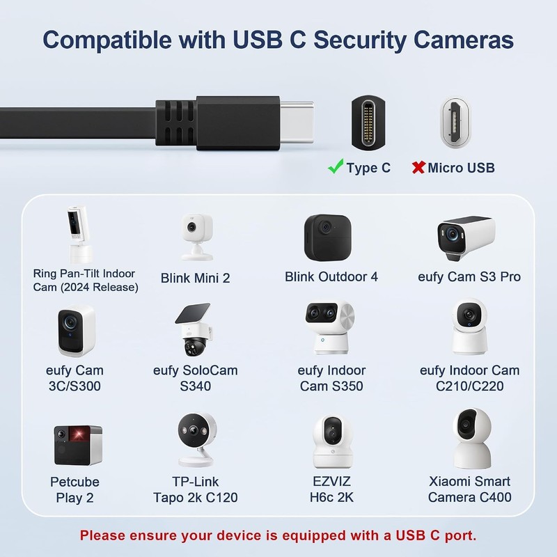 20ft USB A to USB C Power Cord for Tapo C120, eufy Cam S350 gallery