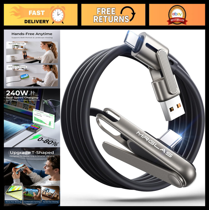 3-in-1 240W Fast Charging Cable with Built-in Phone Stand, 90° USB A/C to Type C