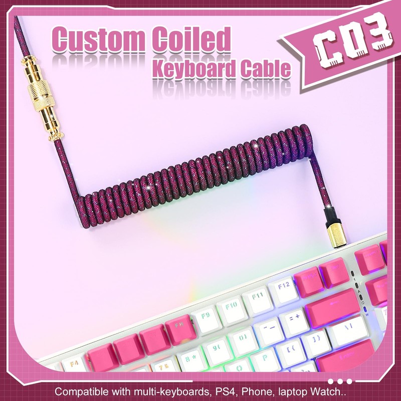 C03 Custom Coiled USB C To A Cable Braided Nylon Aviator Mechanical KB Rose gallery
