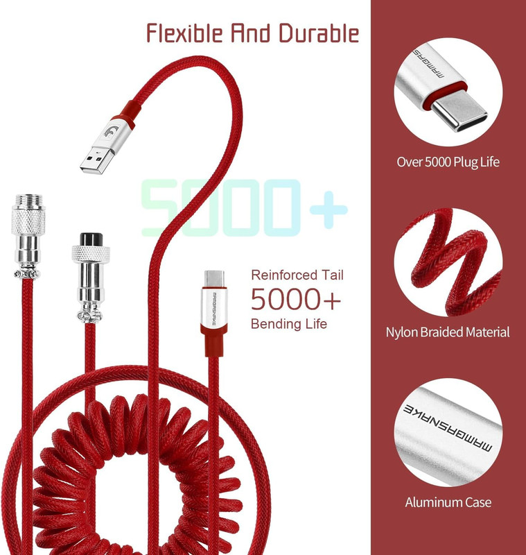 USB C to A Coiled Keyboard Cable Red, Detachable Spiral Wired, Extendable Spring gallery