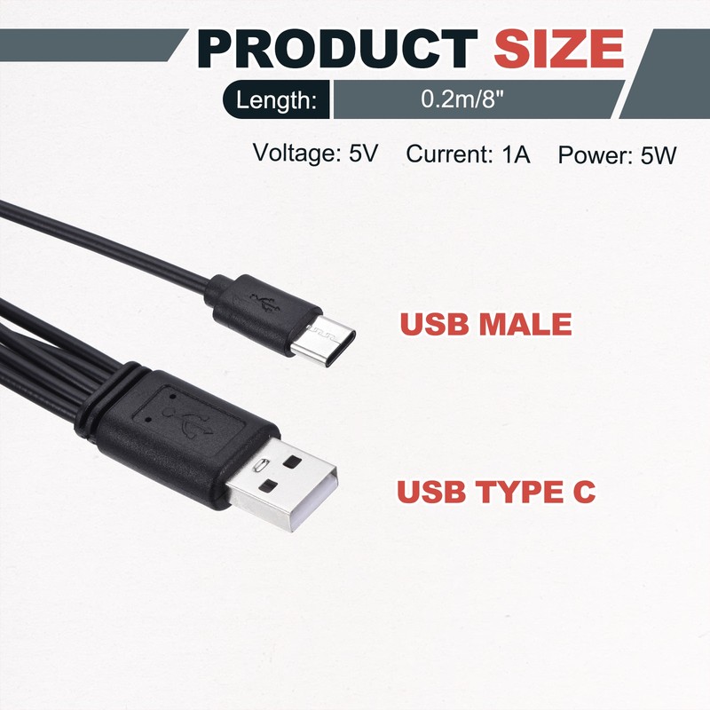 Multi Charging Cable, 5 in 1 USB A to USB Type C Splitter 8", Black gallery