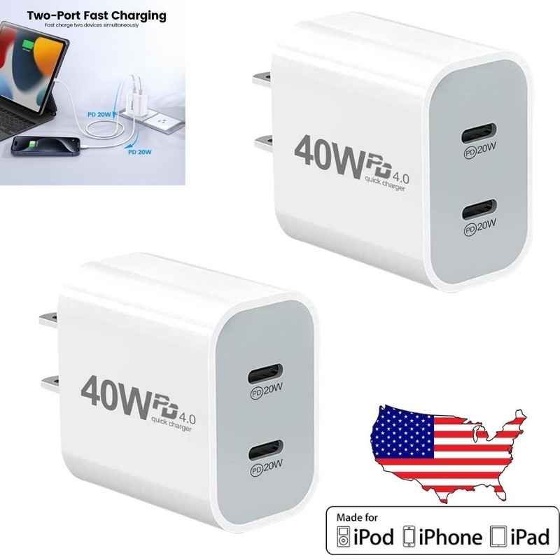 2Pack 40W Fast Charger Block PD Cable USB C For iPhone Air 17 16E 15 14 13 12 11