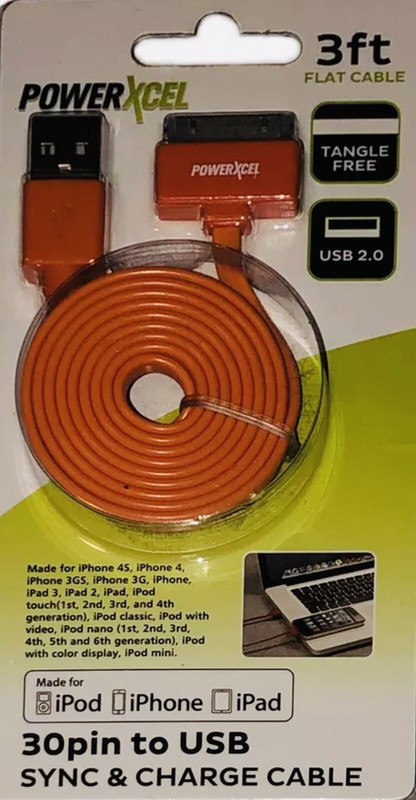 PowerXcel 30 PIN to USB 2.0 Sync Charge Cable Orange 3 Ft iPod iPhone No Tangle