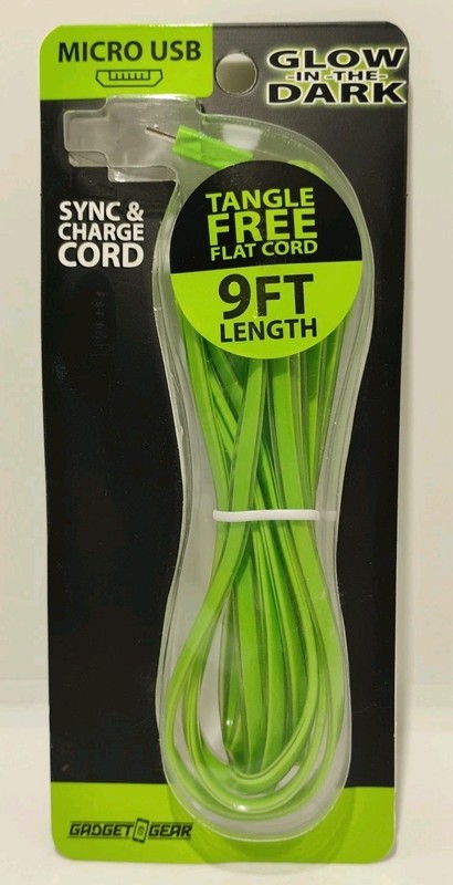Micro USB Cable 9 Feet Length Glow in the Dark Tangle Free Flat Cord Green