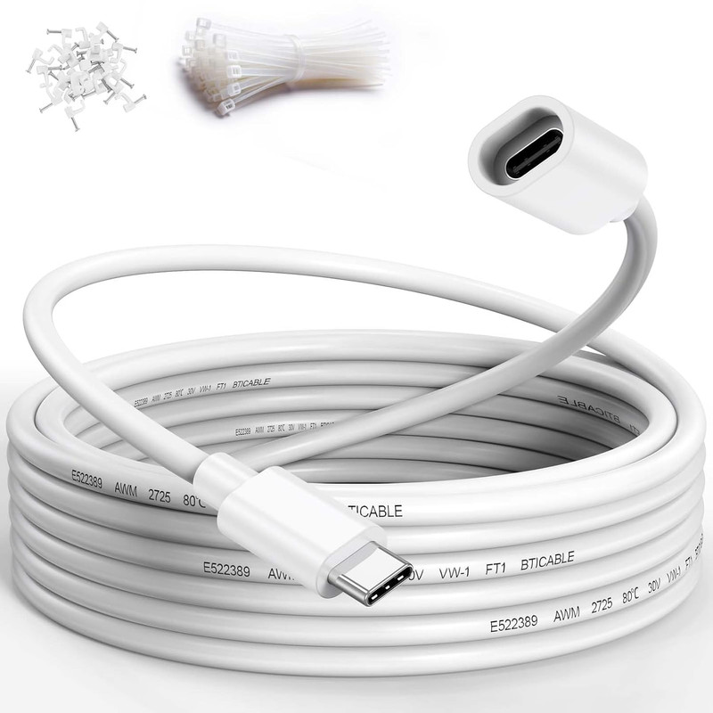 25FT USB C Extension Cable for Ring Solar Panel, White Waterproof USBC Male to F