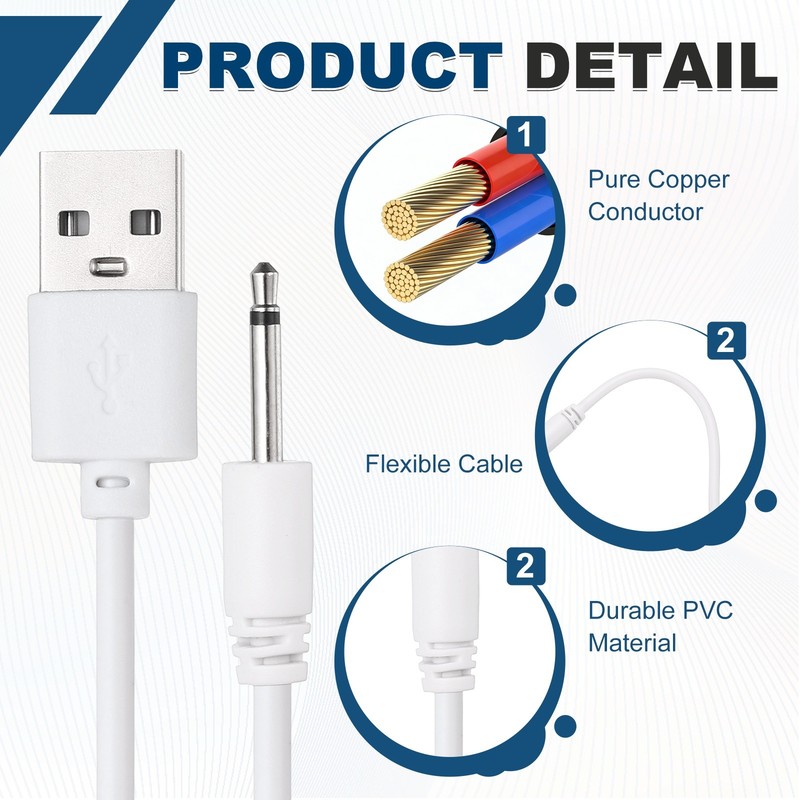 2Pcs 2.6FT DC Charging Cable, USB to DC Power Cable 2.5mm l 15mm, White gallery