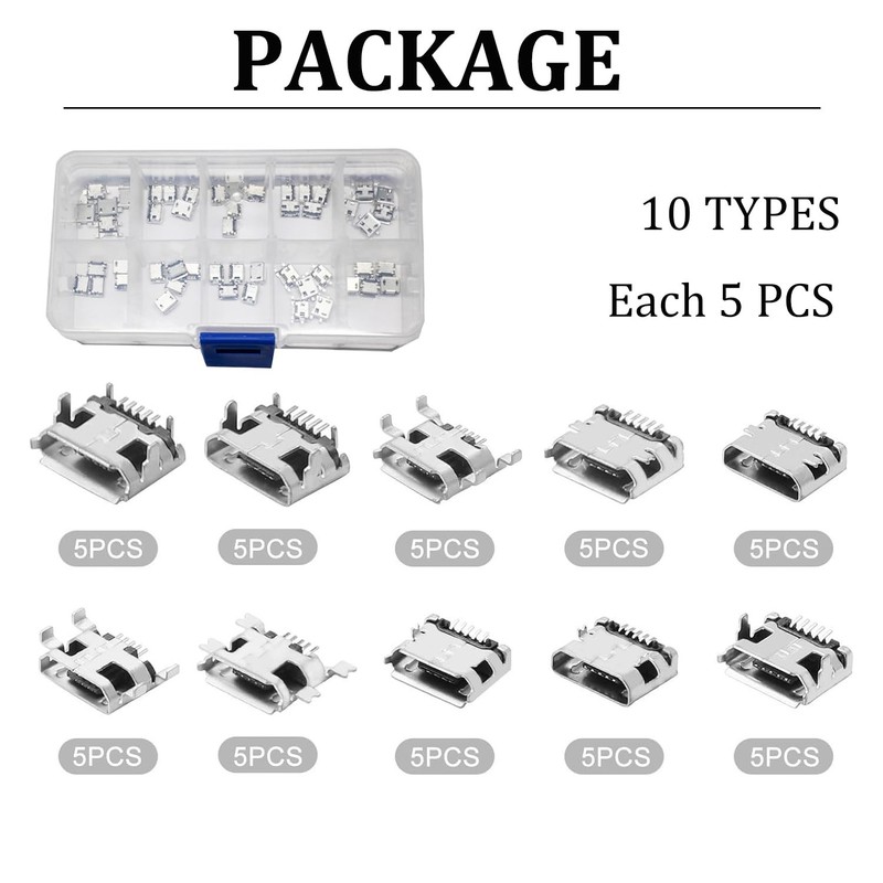 50 Pcs 10 Types Micro USB Female Connector Set, 5-Pin Micro USB Ports for Pho gallery