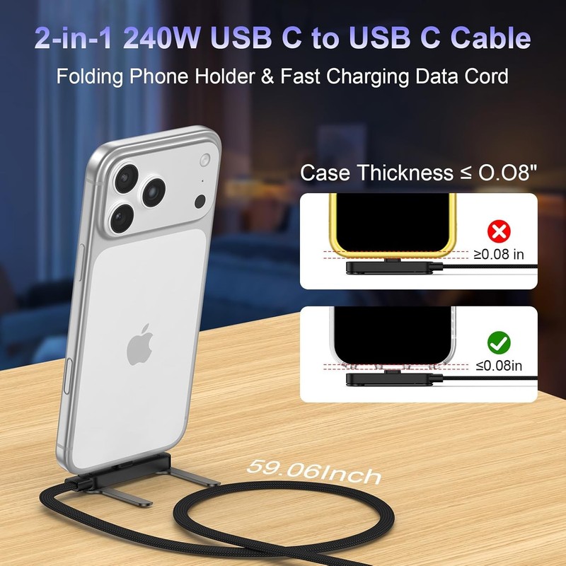 5FT 240W Braided Fast Charging Cord USB C Charger Cable + Invisible Phone Stand gallery